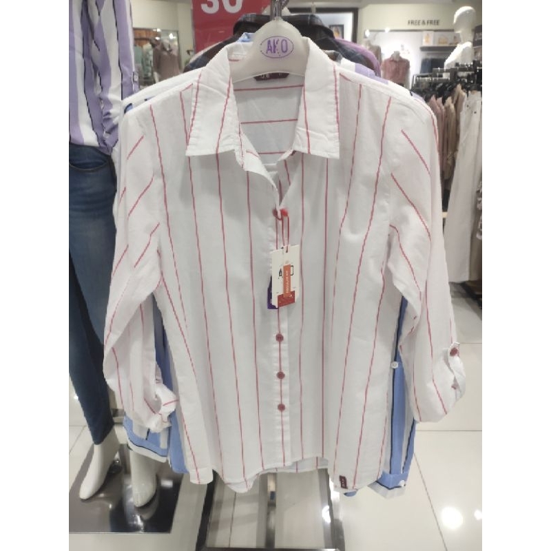 kemeja wanita AKO harga promo terbaru putih garis garis