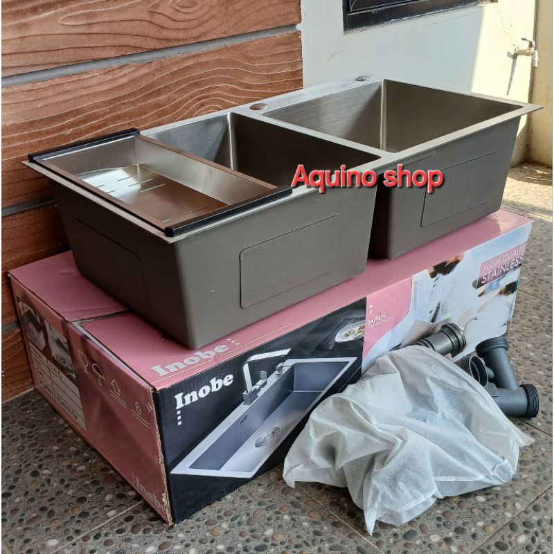 Wastafel bak cuci piring minimalis INOBE kitchen sink 2 lubang stainless ukuran 82cm×45cm×22cm.(sink