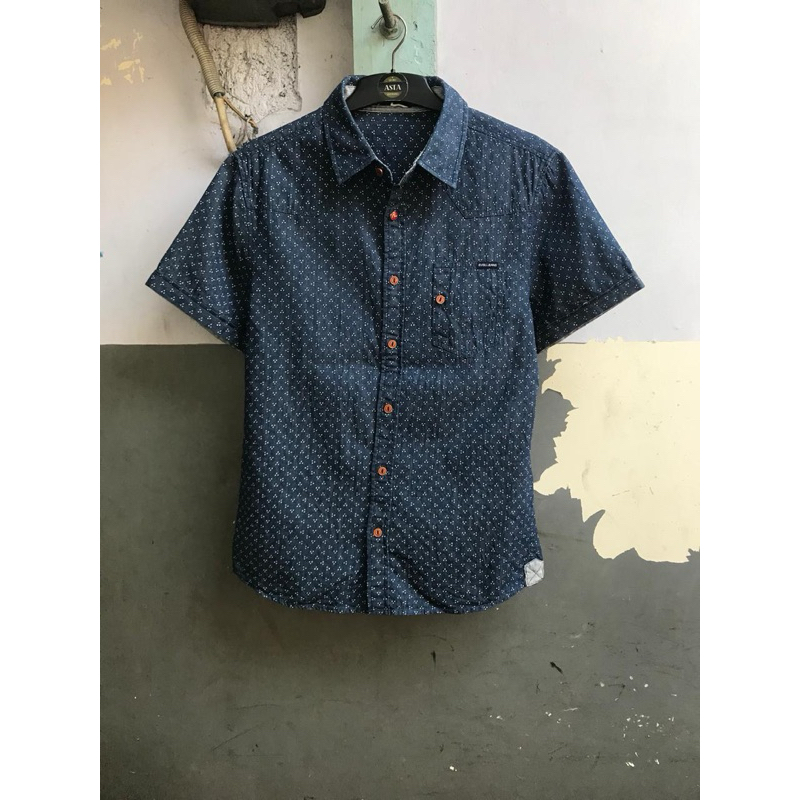 kemeja pria Evisu jeans lengan pendek motif preloved