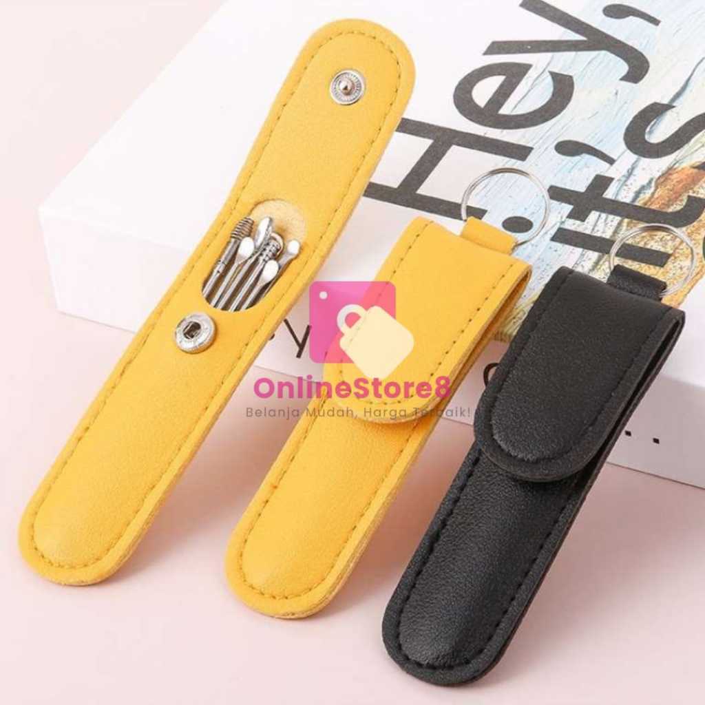 BERKUALITAS Korek kuping 6in1 free pouch kulit / Alat pembersih telinga stainless / Ear wax picker