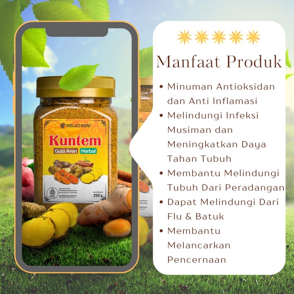 

NG KUNTEM Kunyit Temulawak Jahe Merah Kayu Manis Gula Aren Bubuk Herbal Orinal 1 Kg Melati Noni