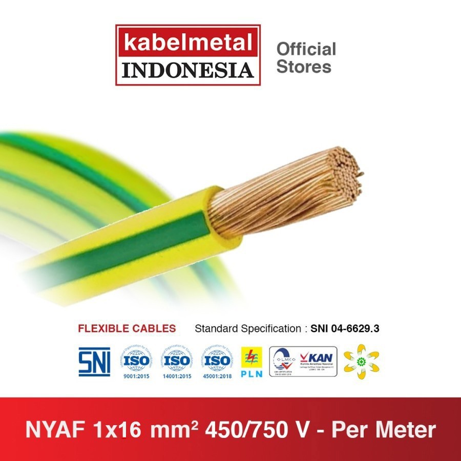 Kabel NYAF 16 mm Kuning Hijau Serabut Tembaga Fleksibel untuk Grounding Listrik