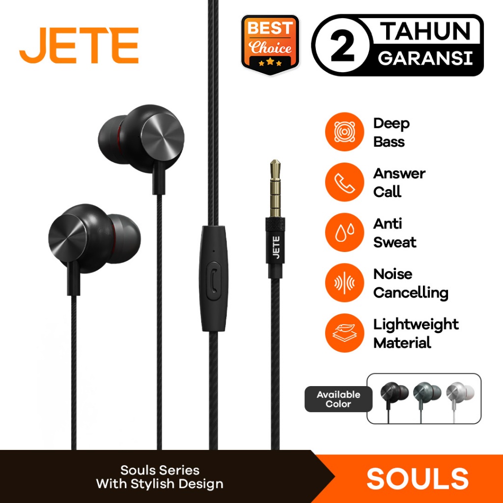 JETE Souls Headset Noise Cancelling | Earphone Kabel Jack 3.5mm with Mic - Garansi 2 Tahun