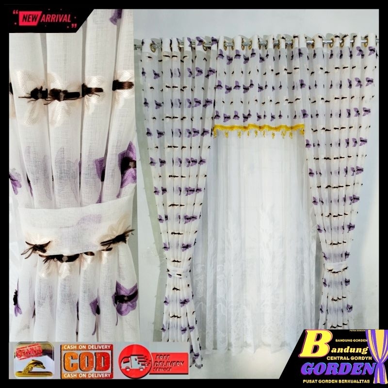 Piyugardening Gorden Pintu Satu Set Poni Vitrase Motif Kupu Kupu Transfaran Model Smokring Ukuran