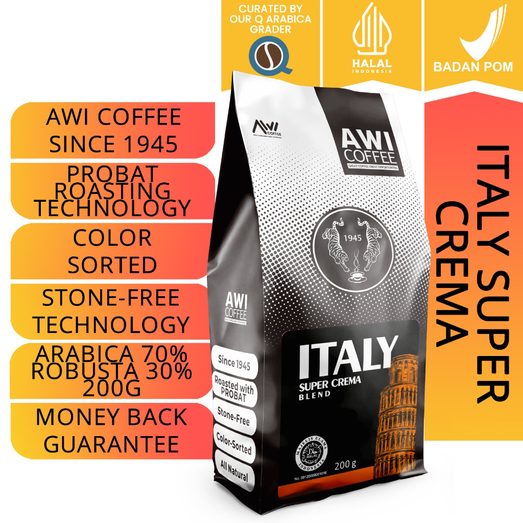 

Awi Coffee Italy Super Crema Blend For Cafe 200Gr Biji | Arabica Robusta Blend | Bean / Ground