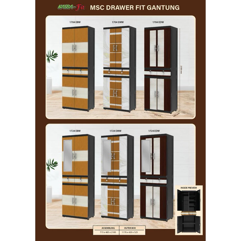 [NAIBA-INSTANT] Lemari MSC Naiba Fit Ebony Kaca + Kunci + Laci (Naiba 9704/9724)