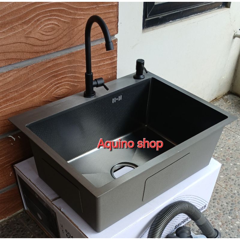 Paket komplit wastafel bak cuci piring MUYA kitchen sink 1 lubang stainless hitam Anti gores.ukuran 