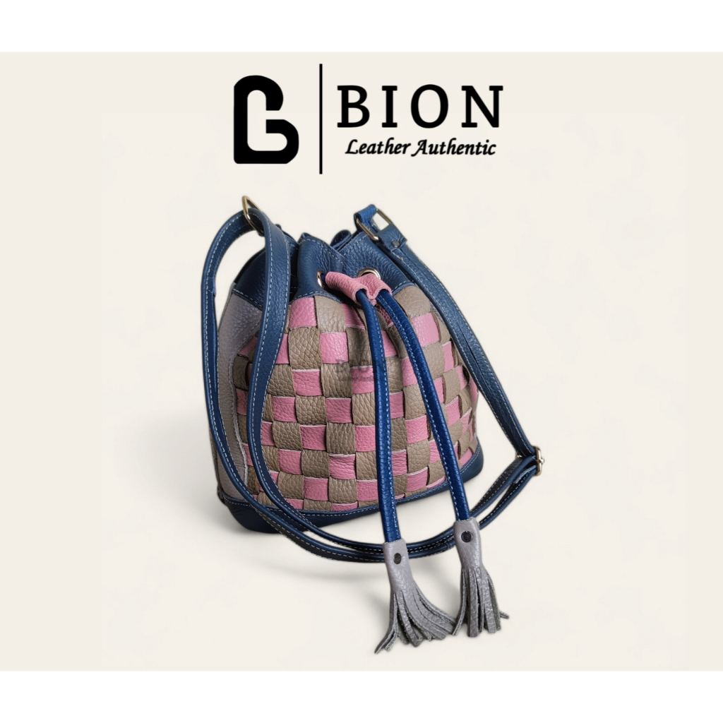 PROMO Bion Leather Tas Simon Wanita Serut Anyam Kulit Sapi Asli Papirut Garut  BNS014 Size S