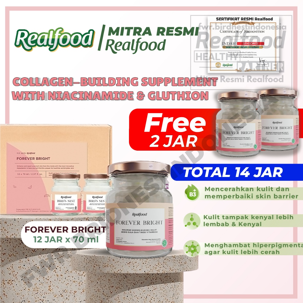 

Realfood Forever Bright 12 Jar Bird Nest | Minuman Sarang Burung Walet | Minuman Niacinamide