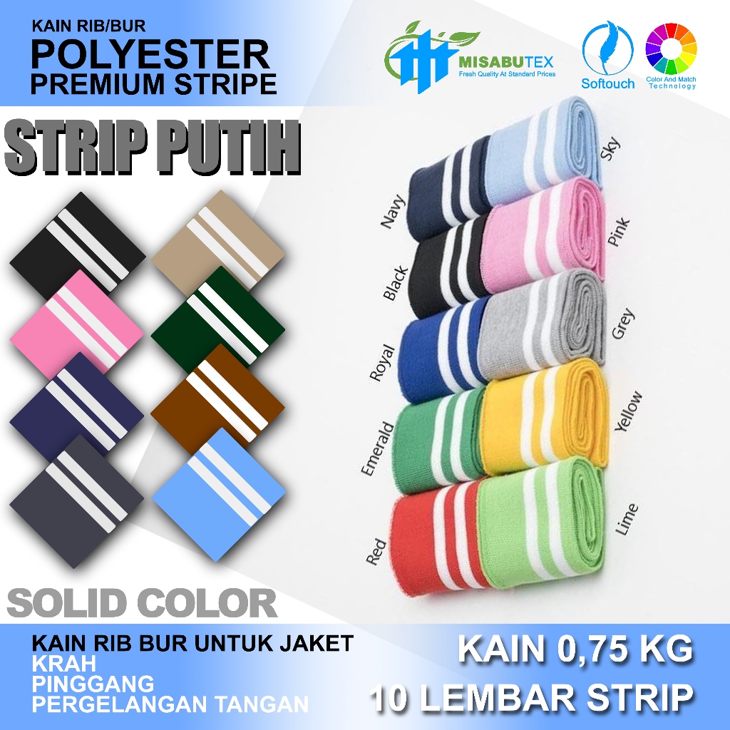 Kain rib/ bur polyester salur putih colorfull warna lengkap