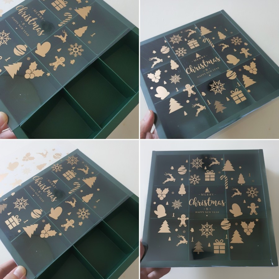 

5 pcs box mika kemasan eggtart sekat isi 9 ukuran 7x7x4cm warna hijau tua christmas