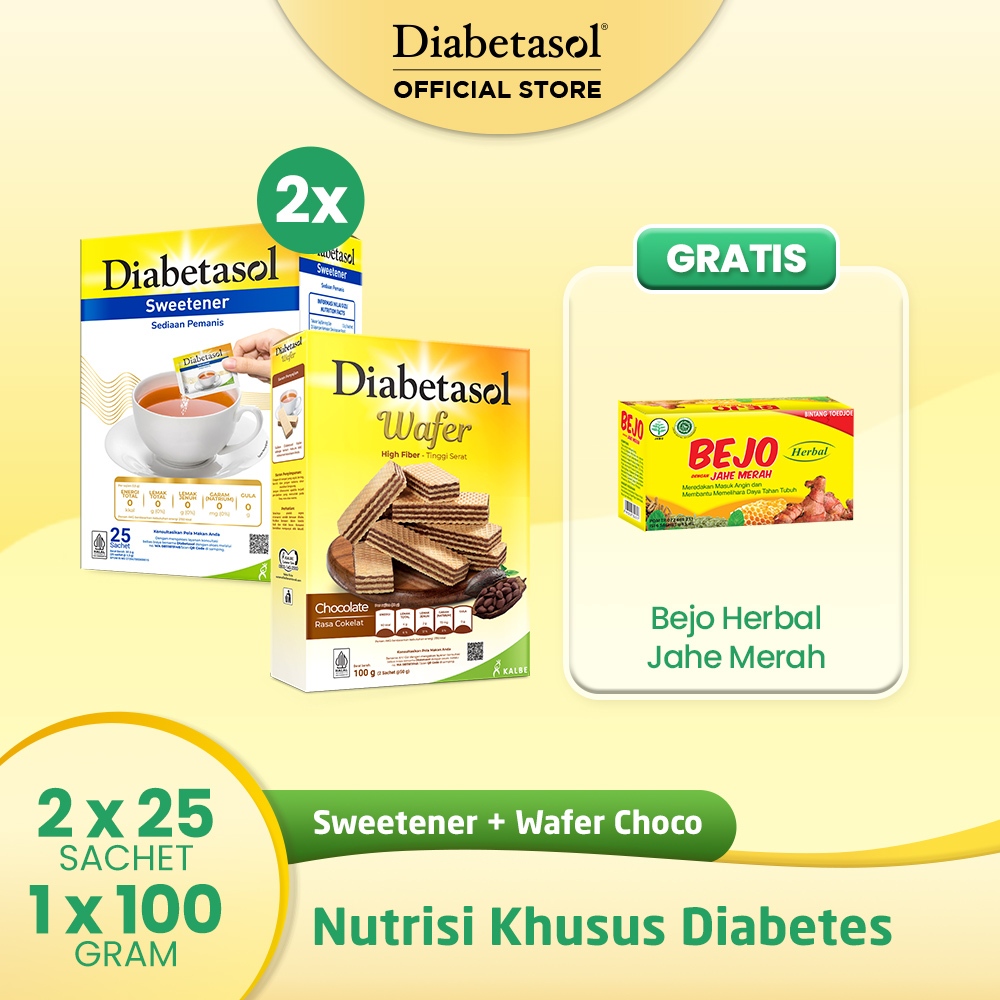 

Buy 2 Diabetasol Sweetener No Calories 25x1.5g & Diabetasol Wafer Chocolate Free Bejo Jahe Merah 6s