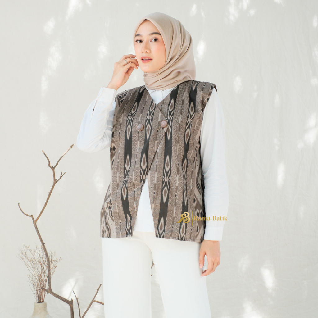 Vest Batik Wanita Rompi Batik V-Neck Atasan Wanita Outer Batik Kekinian Motif Songket