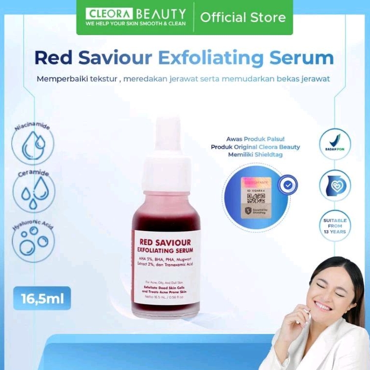 CLEORA Red Saviour Exfoliating Serum 16.5ml - Peeling Serum Wajah Glowing Serum Exfoliasi - Peeling 