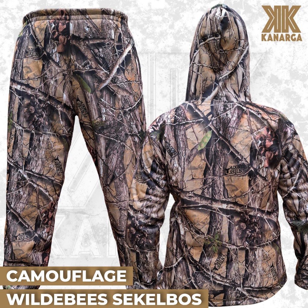 Satu Set Setelan Baju Hoodie Celana Jogger Topi Kamuflase Camo Hunting Berburu Wildebees Sekelbos