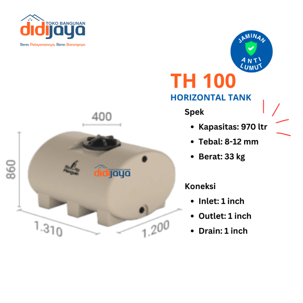 Tandon Air Horizontal Penguin TH 100 970 Liter | Toren Air | Tangki Air Horizontal Penguin