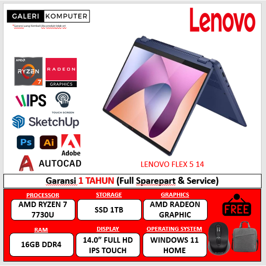 Laptop Lenovo Flex 5 AMD Ryzen 7 7730U 16GB 1TB WUXGA IPS Touchscreen Backlight Windows 11