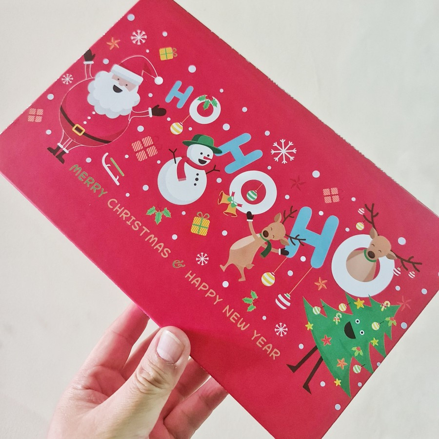 

( 5 pcs ) box packaging kemasan hampers kue natal dus merah motif tutup ho ho ho muat 3 toples persegi panjang 350 gr box kue brownis ukuran 25x15x7cm