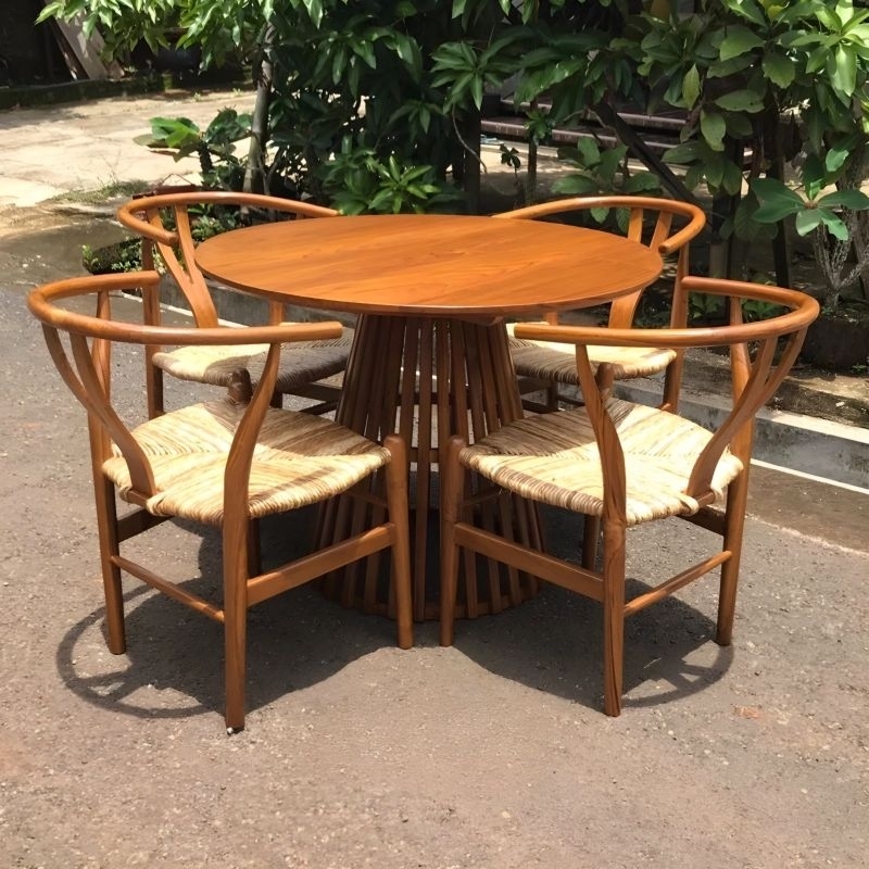 Meja Makan Set Kayu Jati Rotan, Set Meja Santai Kursi Rotan