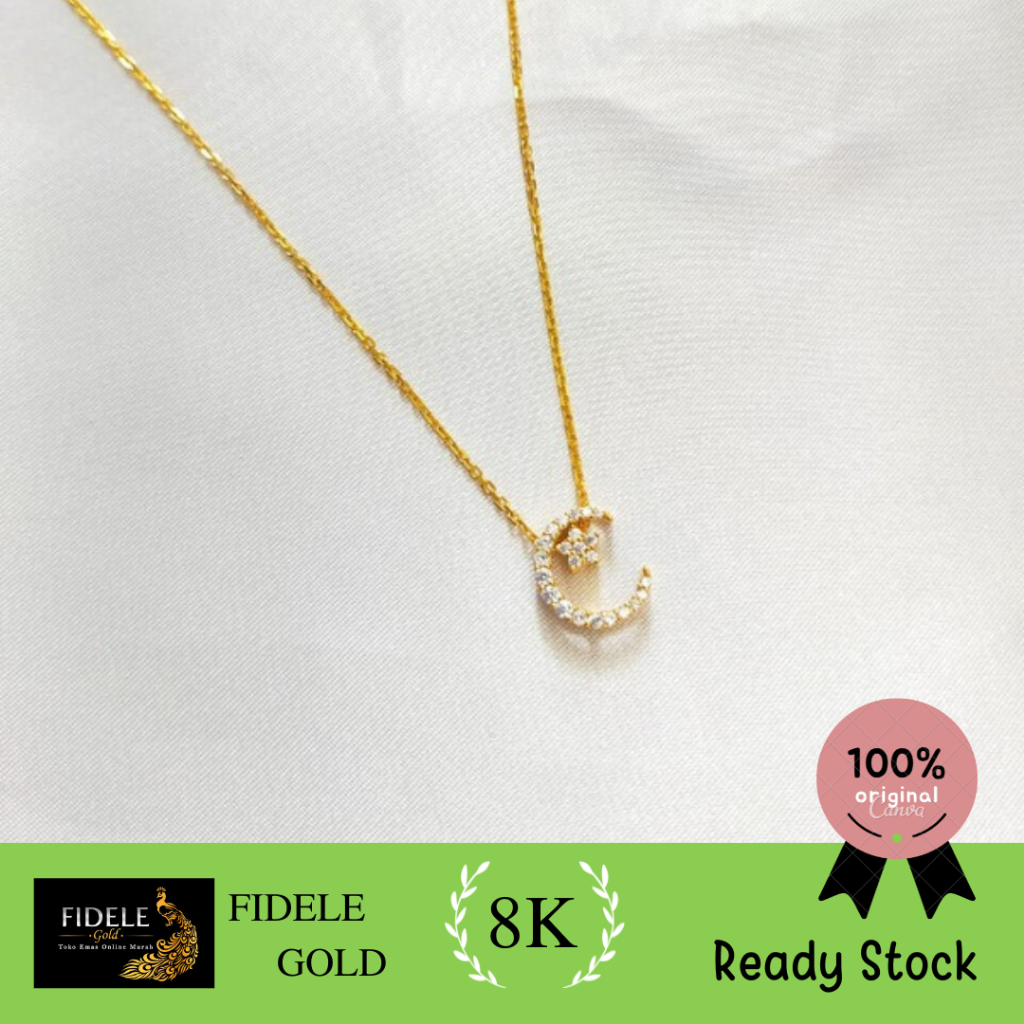 Kalung bulan bintang permata emas asli kalung wanita panjang 375