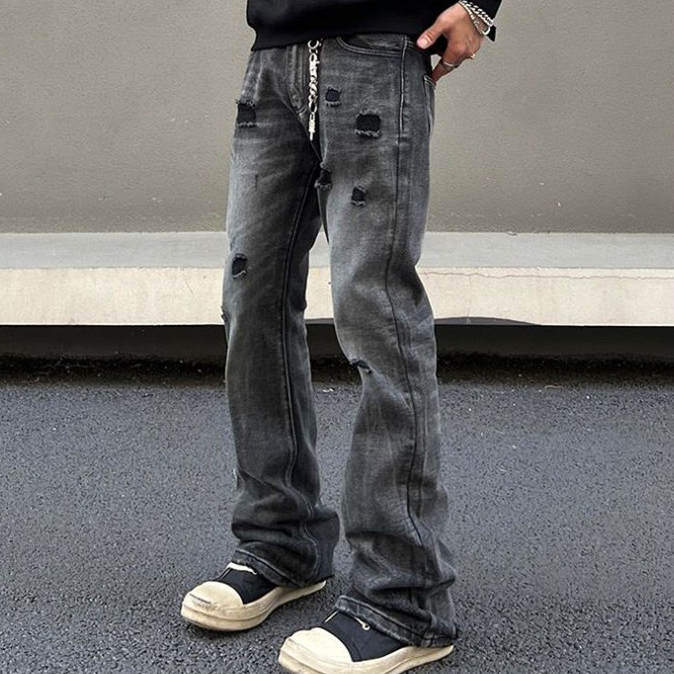 Jeans Pria Gaya Lurus Dicuci Berat Flare Jeans Pria Hitam