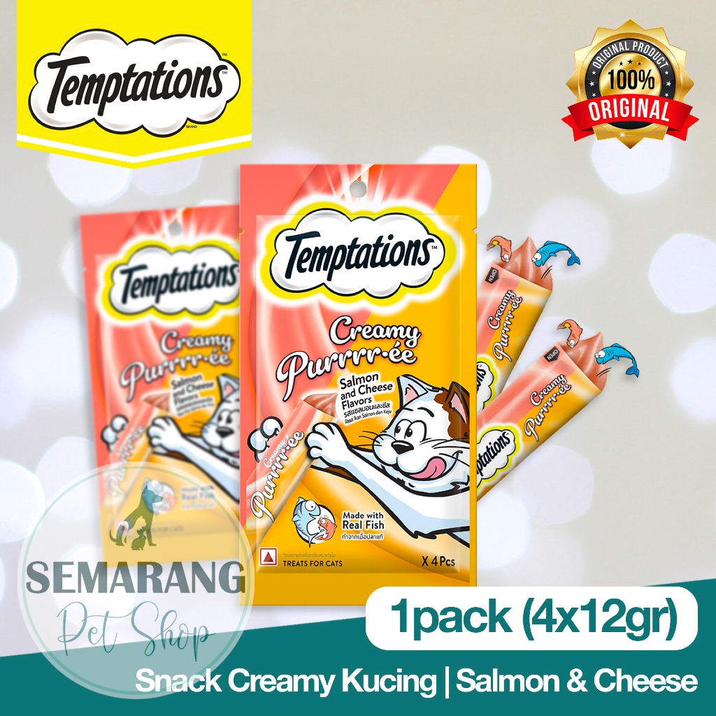 Snack Kucing TEMPTATIONS Creamy Pure Salmon Cheese 48gr- 4x12gr Cat Liquid Camilan Cair Purrrre Trea