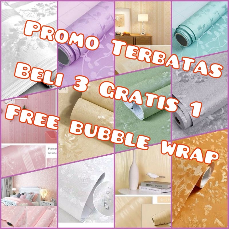 BELI 3 GRATIS 1 Wallpaper Sticker Wallpaper Dinding Ruang Ta Motif Polos Putih Salur Bunga Cream Abu
