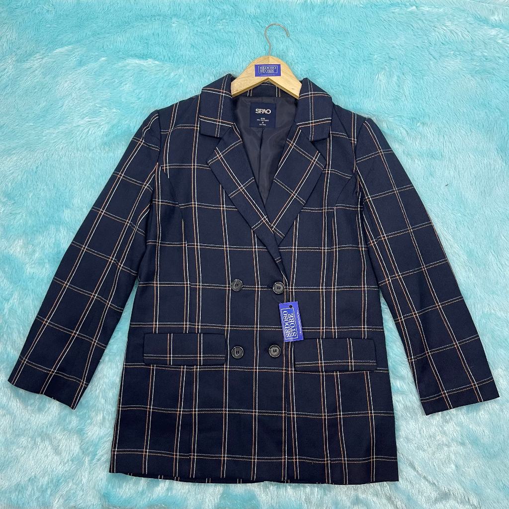 Blazer Wanita Navy Motif Garis Kotak Brand SPAO