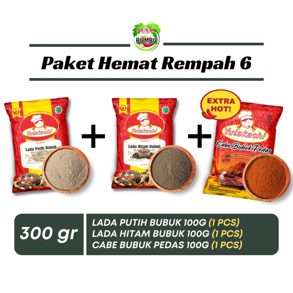 

PAKET BUMBU REMPAH 6 YUTAKACHI (Lada Putih + Lada Hitam + Cabe Bubuk Pedas) @100 gram