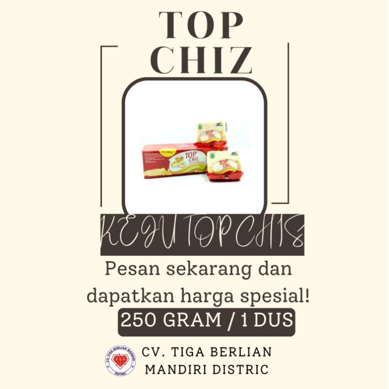 

TOPCHIZ KEJU CHEDDAR OLAHAN 250GRM / 8PCS / 8SLOP / 1DUS