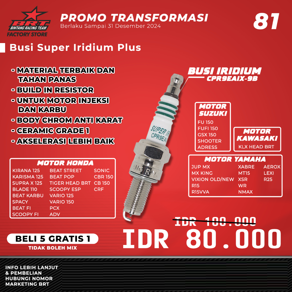 BUSI SUPER IRIDIUM PLUS CPR9EAIX-9B BRT JUPITER MX/MX KING/VIXION/NMAX/AEROX/LEXI/R25/KARISMA/SUPRA 