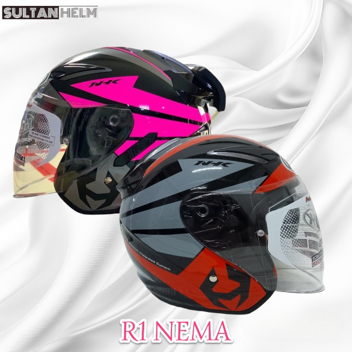 HELM HALF FACE NHK R1 NHK R-1 MOTIF NEMA BLACK RED SILVER DOUBLE VISOR