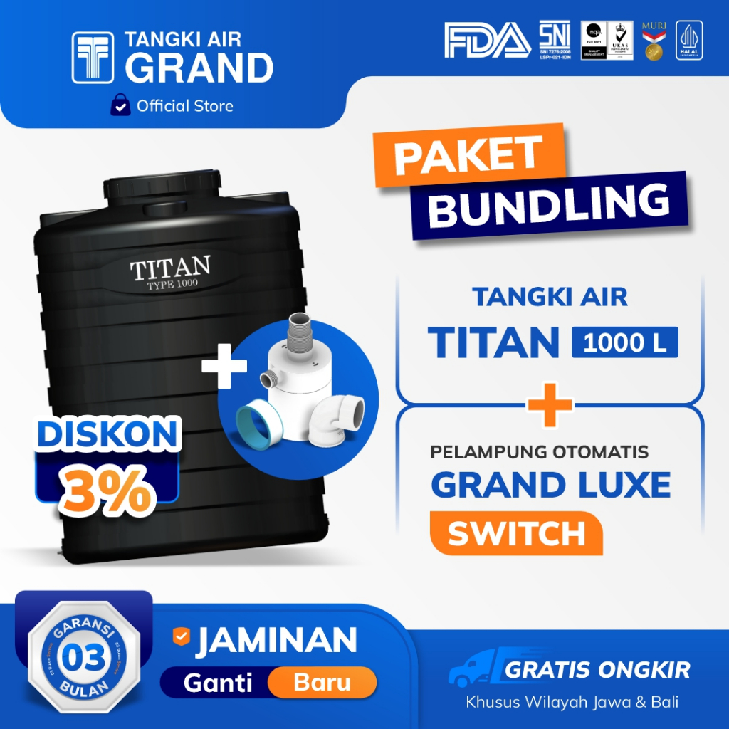 Titan Tangki Toren Tandon air Titan Blow 1000 L dan Pelampung Otomatis (Bundling)