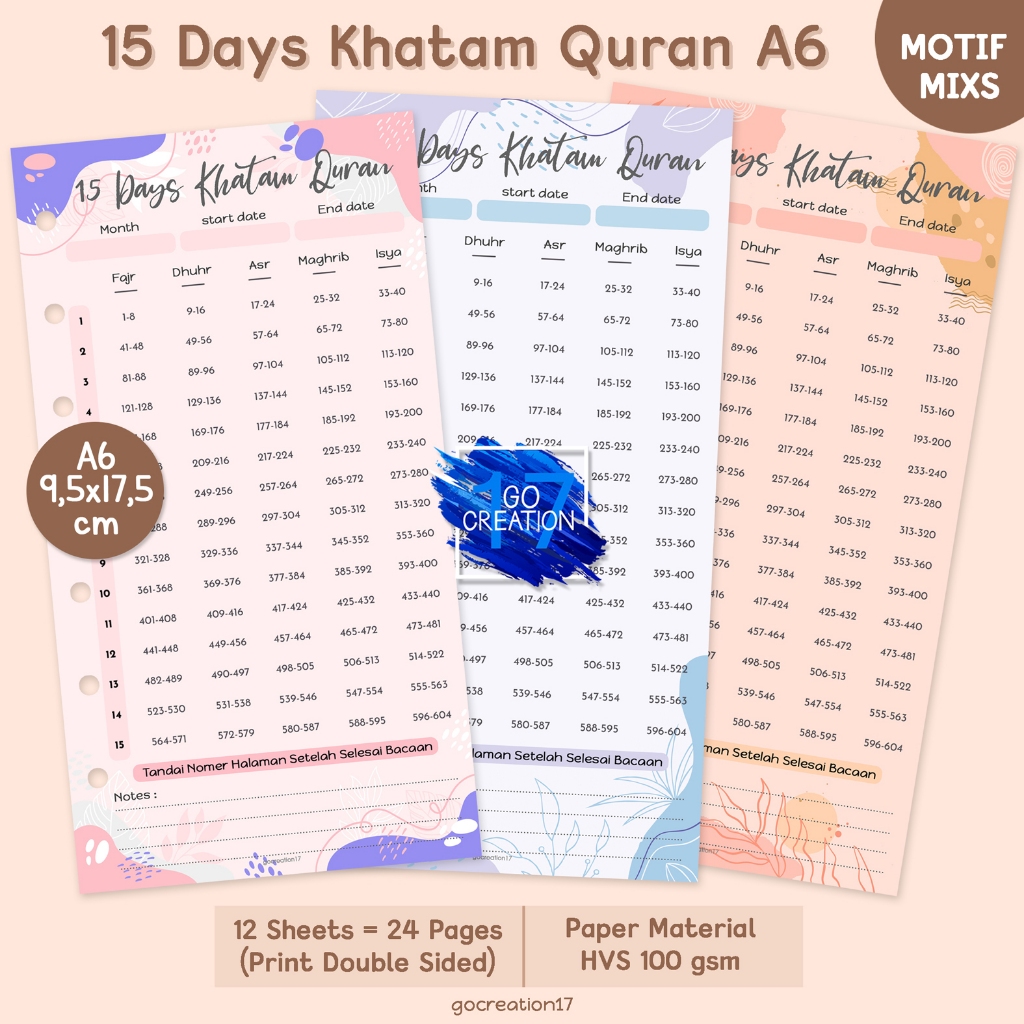 

Buku Planner Refill Kertas Binder 15 Day Khatam Quran Motif Premium A6