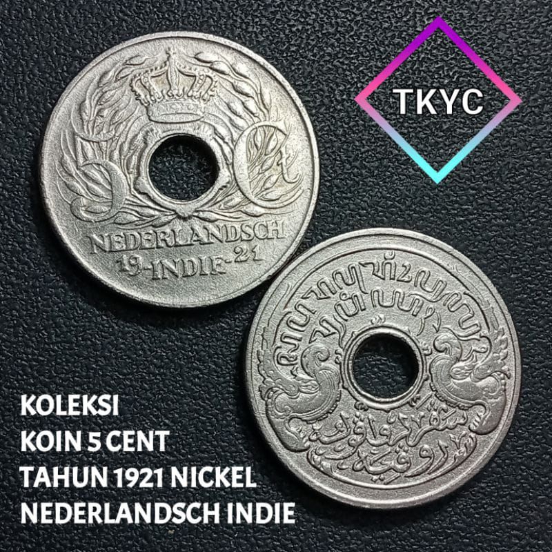 Koleksi Koin 5 Cent Nederlandsch Indie Tahun 1921 (Versi Nickel) Top Detail Bagus