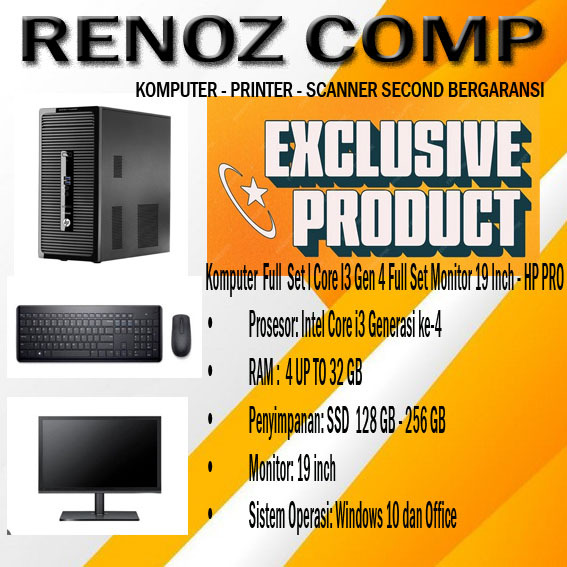 KOMPUTER CORE I3 FULL SET HP PRODESK G 2 DENGAN MONITOR 19 INCH RAM 8GB SSD 128 GB  WIN 10 DAN OFFIC
