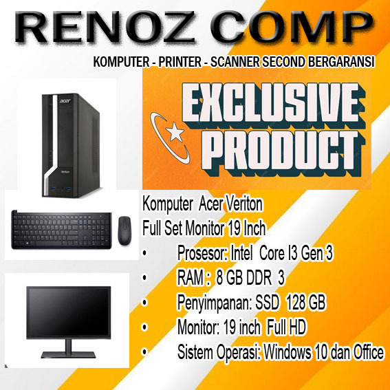 Komputer Full Set Core I3 Gen 3 dengan Monitor 19 Inch Ram 8 GB SSD 128 GB Win 10 & Office Second Be