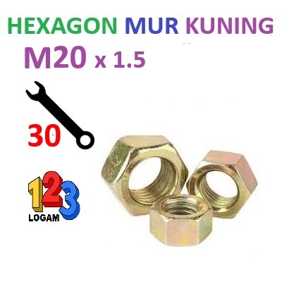 Mur M20 Kuning Galvanis Hexagon Besi Kunci Baut 30 Drat Halus 1.5