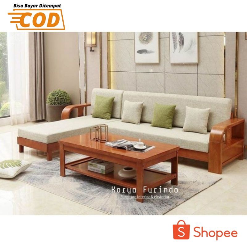 Sofa Tamu Sudut Kayu Jati, Kursi Sofa Minimalis Jai, Kursi Tamu Minimalis Bantalan Jati Jepara