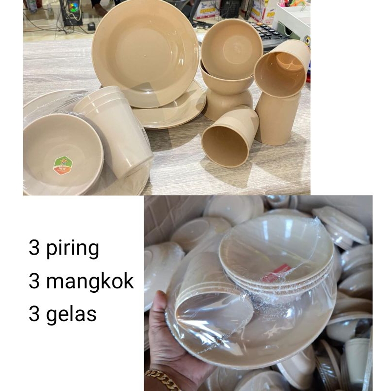 (Paket 9pcs) Piring Plastik 9pcs / Set Piring Mangkok Gelas Plastik / Piring Plastik