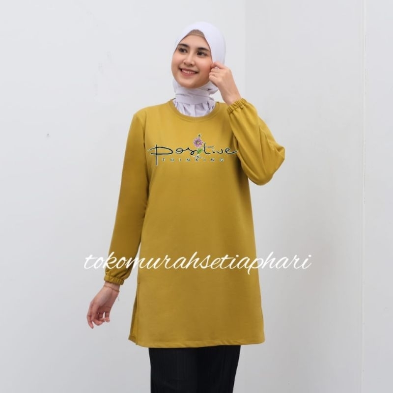 TERLARIS BAJU TUNIK WANITA LENGAN PANJANG /KAOS TUNIK WANITA MURAH MOTIF POSITIVE THINKING BAHAN