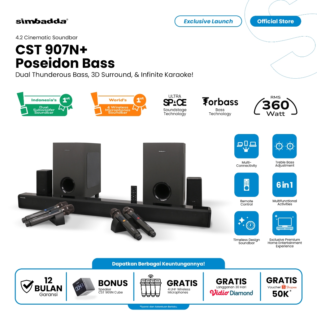 Simbadda CST 907N+ Poseidon Bass Soundbar Dual Subwoofer Speaker Karaoke TV Home Theater