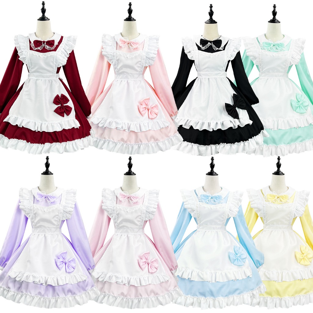 Japanese Maid Cosplay Cute Lolita Party Dress Black White Long Sleeve Classic Apron Maid Role Play W