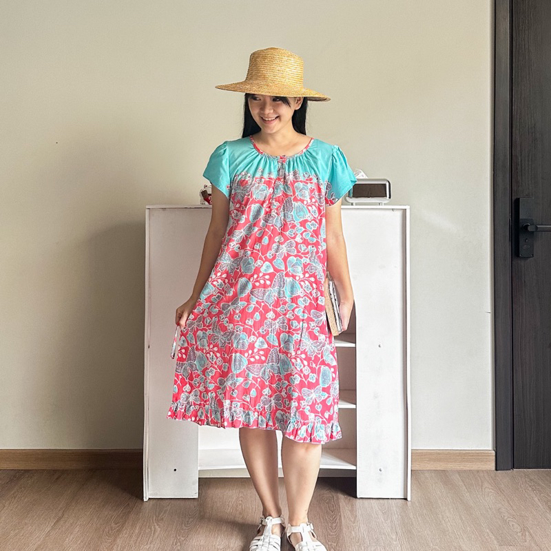 Daster ELLI : daster neci tangan motif kupu kupu batik katun rayon busui kancing bunga dress tali