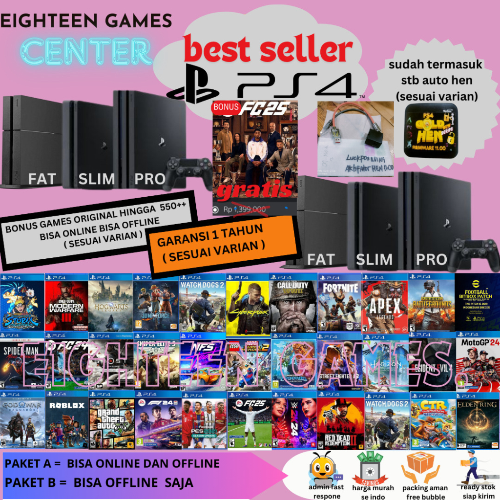 Ps4 slim full game + stick 2 playstation fat slim pro hen 1tb