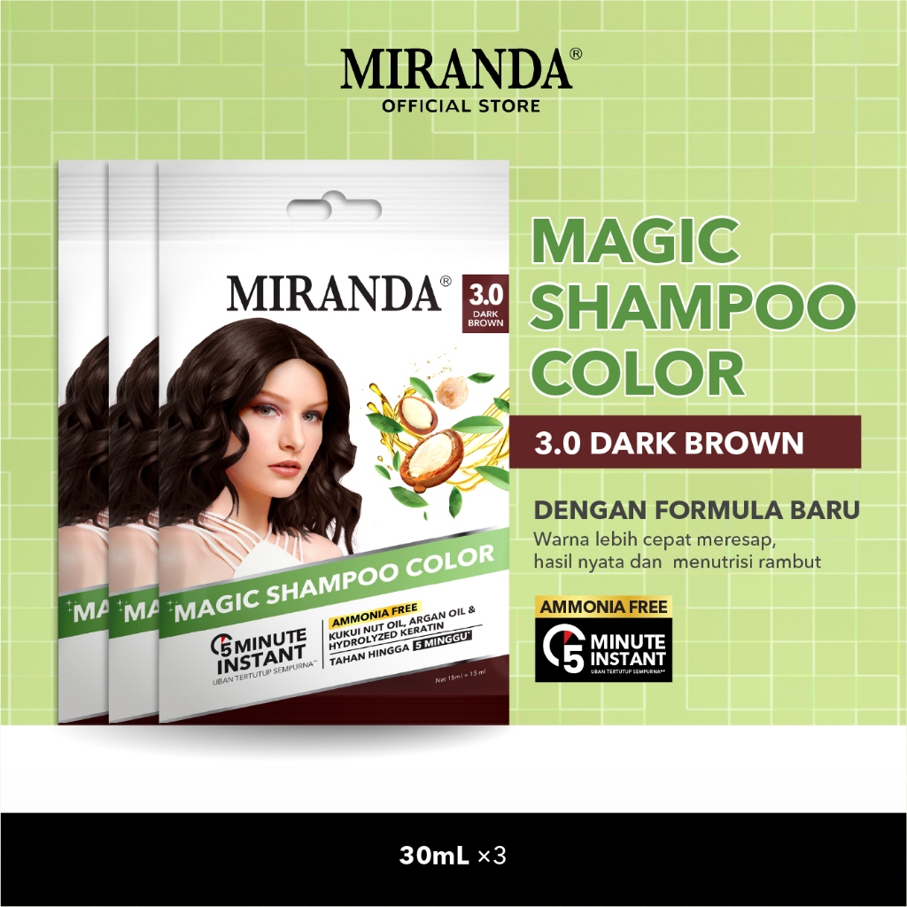 [3 Pcs] Miranda Magic Shampoo Color Sachet Dark Brown 30ml | Semir Pewarna Rambut Instan Coklat Tua 