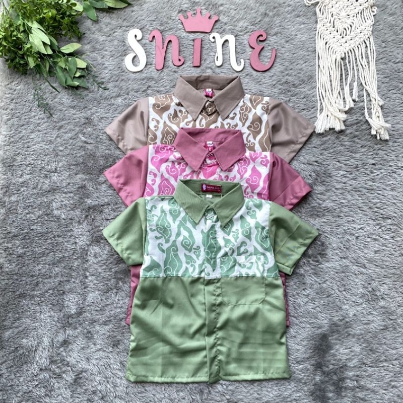 Shine Kemeja Hem Atasan Batik Anak Megamendung Kombinasi Polosan Coksu Sage Pink Merah Bagus Lucu