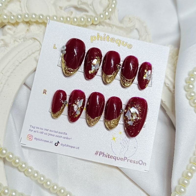 Maroon Gold Engagement Wedding Style Nail Art
