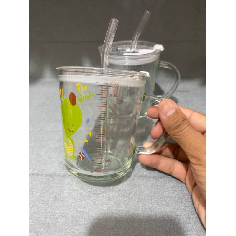 GELAS KACA ANAK + SEDOTAN 400ml / GELAS KACA CANTIK /GELAS KACA DENGAN GAGANG DAN SEDOTAN KACA