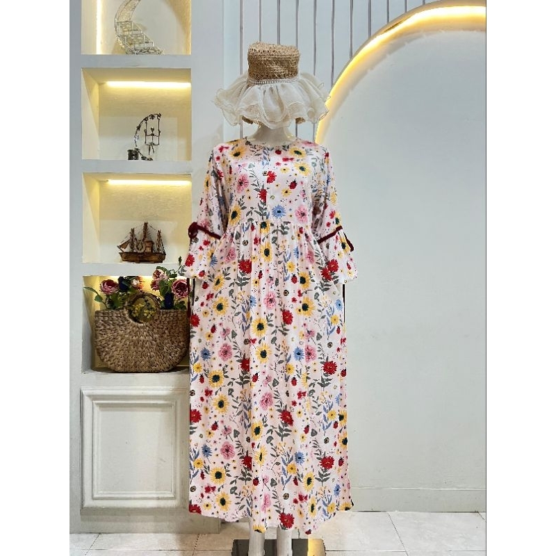 GAMIS FARADINA GAMIS MOTIF RAYON PREMIUM LENGAN BALON GAMIS TALI